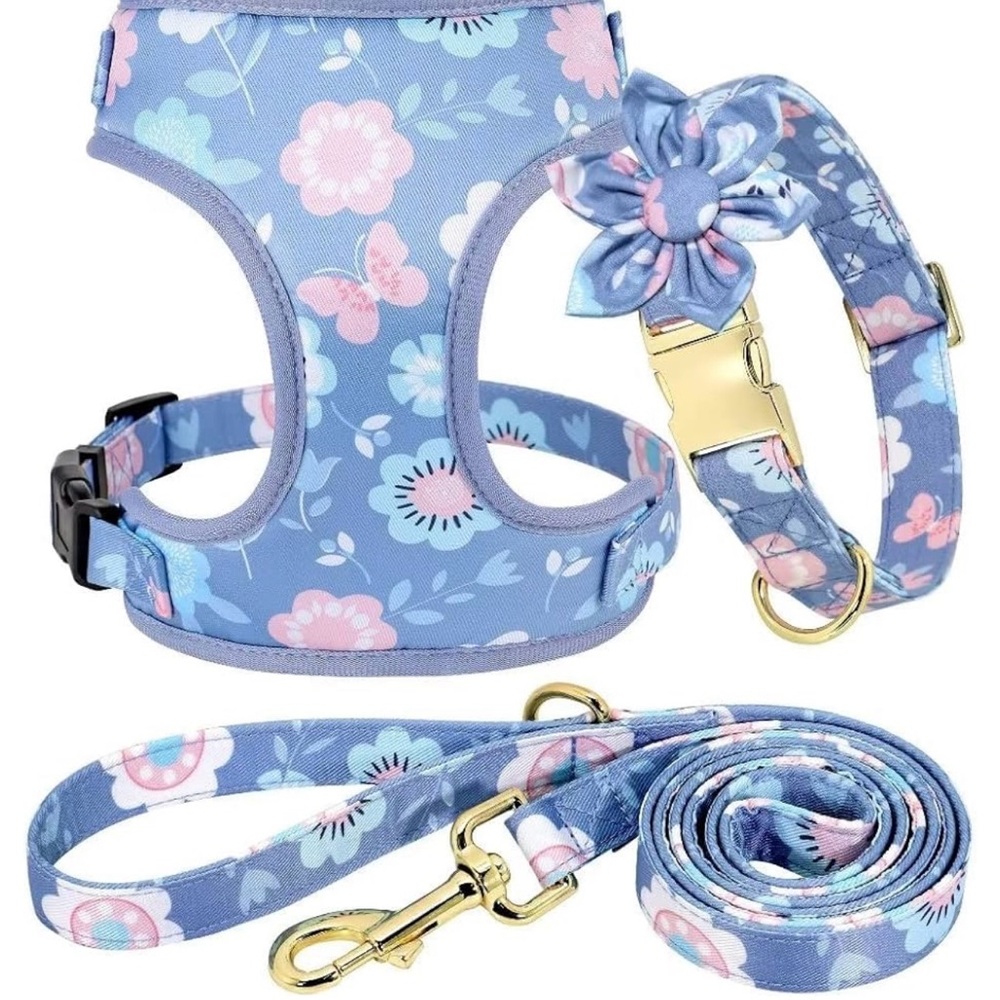 Blue and Pink Floral Dog Harness Set